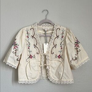 Embroidered Cream Lace Tie-Front Jacket